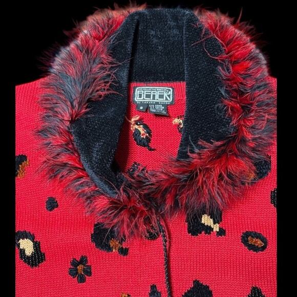 Berek Vintage Animal Print Red Cardigan Furry Accents size S - Picture 2 of 11